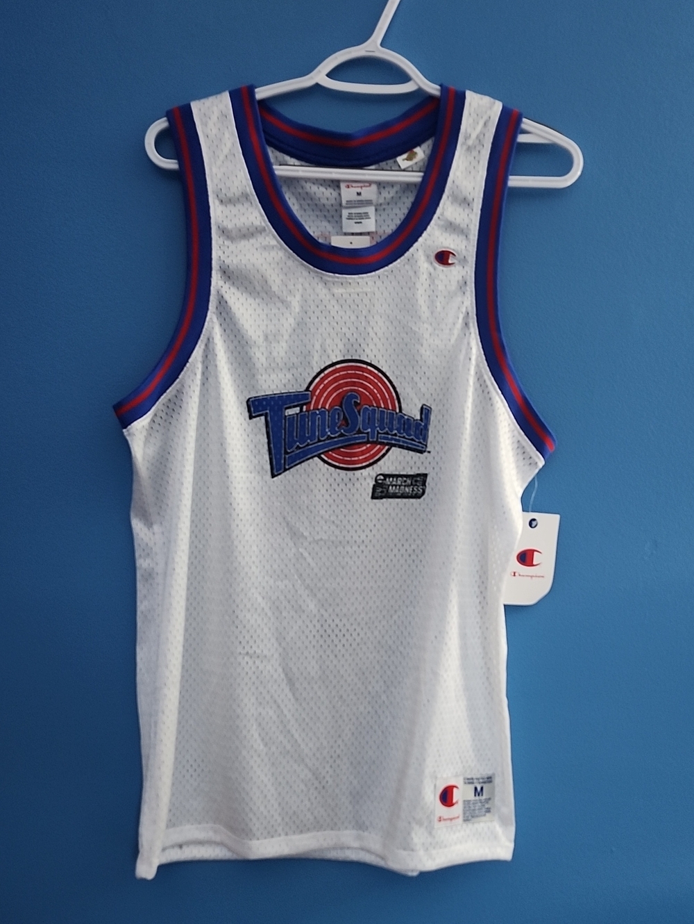 Adult Space Jam Tune Squad Bugs Bunny Mesh Basketball Jersey Red & Blue Trim